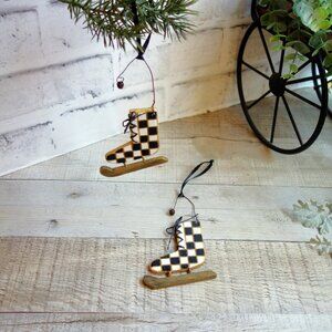 Checked Christmas Ornament Set Vintage Ice Skates Buffalo Check Tree Ornaments